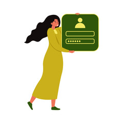 Flat vector cartoon illustration of a girl holding a page with the registration of the app's user interface. Concept of online registration, registration, user interface.