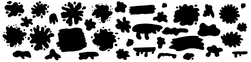 Hand drawn set of paint splatters and blots inked in black. Different shapes isolated on white background. 
