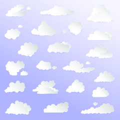Flat vector cartoon illustration of white clouds in a gradient blue and white background