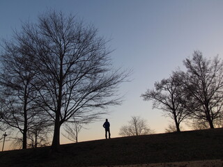 丘の上に立っている男性のシルエット