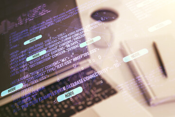 Multi exposure of abstract creative coding sketch with world map on modern laptop background, artificial intelligence and neural networks concept
