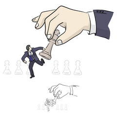 businessman running away from king chess vector illustration sketch doodle hand drawn with black lines isolated on white background. Business concept.