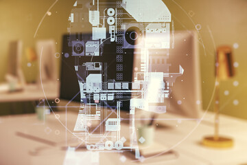 Double exposure of creative human head microcircuit with computer on background. Future technology and AI concept