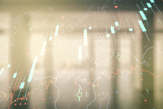 Multi exposure of virtual abstract financial chart hologram and world map on empty modern office background, research and analytics concept - Powered by Adobe