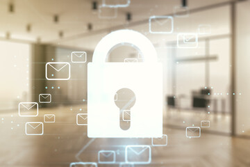 Fototapeta premium Double exposure of abstract virtual creative lock hologram with email symbols on modern corporate office background. Information security concept