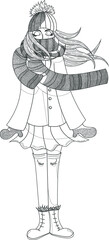 Cartoon girl. Young woman winter character close up template. Vector illustration in black and white for games, background, pattern, decor. Coloring paper, page, story book