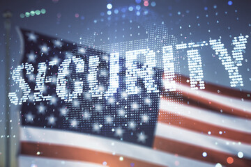 Virtual cyber security creative concept on US flag and blue sky background. Double exposure
