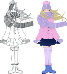 Cartoon blonde girl. Light hair young woman winter character in pastel pink color scheme close up template set. Vector illustration in color and black and white for games. Coloring paper, page, book