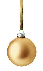 Golden christmas ball hanging on ribbon isolated over white background.