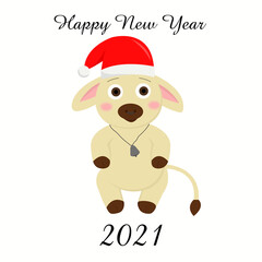 Postcard Happy New Year 2021 with bull in santa claus hat. Vector illustration
