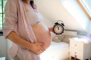 Unrecognizable pregnant woman with clock indoors at home, due date concept.