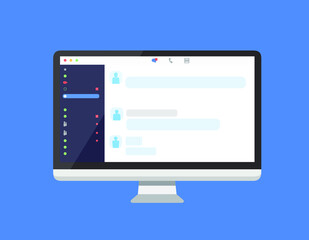 Group conference chat on a desktop. Team meeting from home during coronavirus pandemic. Mockup of online meeting workspace page. Remote working during quarantine. Vector.
