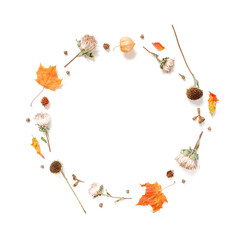 Autumn composition. A wreath of dried flowers, leaves and plants is on a white background. Autumn, fall, thanksgiving day concept. Flat lay. Top view. Copy space.