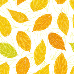 Beautiful seamless background with yellow, orange, green leaves. Hand-drawn with effect of drawing in watercolor. design background greeting cards and invitations seasonal autumn, fall holidays