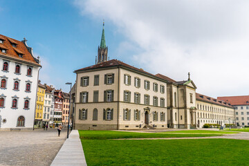Clear day in the center of St. Gallen late morning , The Charimg city and also Unesco heritage sites in Switzerland 
