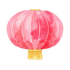 Red round chinese lantern. Hand drawn watercolor illustration of traditional paper lamp. Decorative lighting equipment for asian festivals.