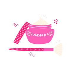 Flat vector cartoon illustration of a creamy face mask in a jar with a brush to apply. The concept of facial skin care.
