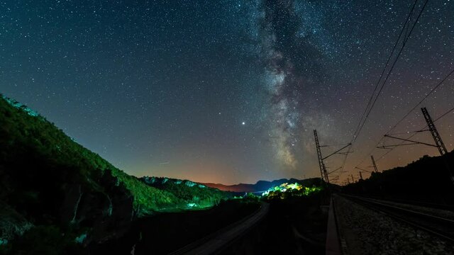 Amazing time lapse with Milky Way galaxy, plane trails and traffic lights of cars and train