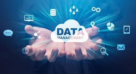 Data Management Conceptual Collage With Human Hands Holding Storage Cloud And Icons