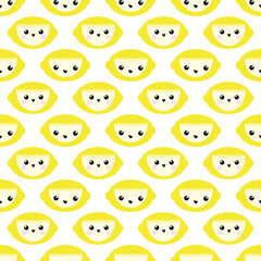 Cute kawaii lemons seamless vector pattern background. Laughing cartoon tropical citrus fruit on white backdrop. Fun quirky faces design. Geometric all over print for kids healthy food concept.