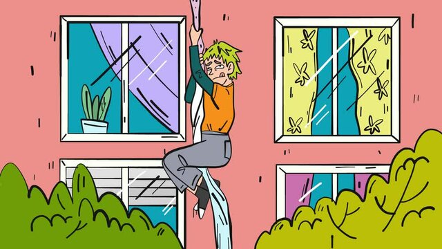 child swinging on a homemade rope, escape from home cartoon animation