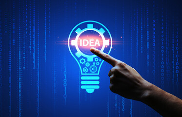 Hand Pushing Lightbulb With Word Idea And Gears, Blue Background