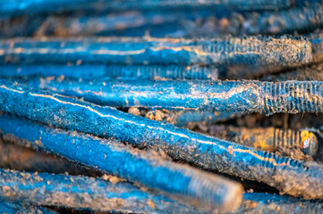 metal stud, fasteOld metal studs covered in rust, close-up, selective focus.ning part, rust