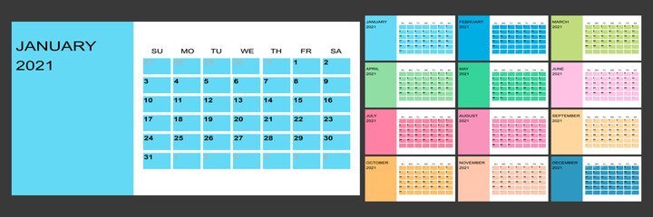 Calendar 2021 yearly. Week starts on Sunday. Vector illustration.