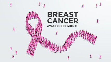 Breast cancer awareness month concept 4k animation. Large group of people form to create a pink ribbon.