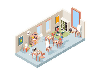 Drawing lesson. Teacher teaching little artists making paintings kids workspace with easel and canvas vector isometric interior. Easel and canvas, drawing picture hobby illustration