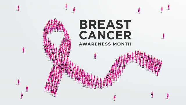 Breast cancer awareness month concept 4k animation. Large group of people form to create a pink ribbon.