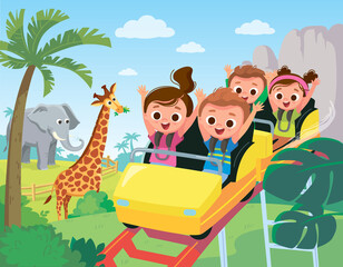 Obraz na płótnie Canvas Roller-coaster. Children ride on roller-coaster in amusement park. Children have fun in amusement park. Roller coaster. Exhilarating rides.