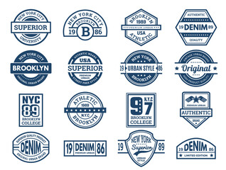 Obraz premium Jeans emblems. Vintage typography labels urban style wear patches sport banners embroidery vector collection. Apparel shirt and jeans, brand emblem denim illustration