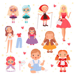 Dolls toys. Cute playing model for kids joyful toys vector set. Illustration doll for kids, cartoon toys for children