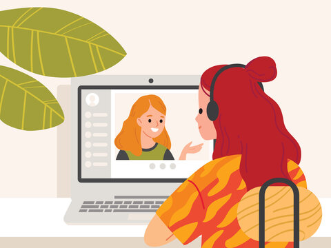 recommend clip art: Webinar. Young woman sitting at, in front of notebook, talking chatting over video chat app. Video chat between two girls. Girl video calling, conversation, using messenger, video conference.