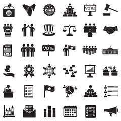 Democracy And Politics Icons. Black Flat Design. Vector Illustration.