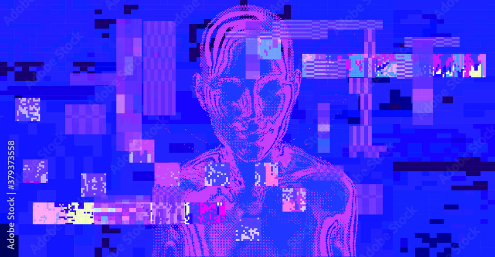 Poster glitched screen with human silhouette hidden in pixels. conceptual illustration for artificial intel
