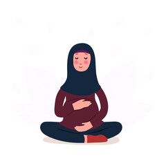 Flat vector illustration of a meditating pregnant Muslim woman in hijab. Preparing a woman for childbirth. The concept of yoga during pregnancy.