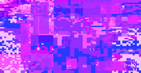 Glitch datamoshing camera effect. Retro VHS pink background like in old video tape rewind or no signal TV screen. Vaporwave and retrowave style vector illustration.