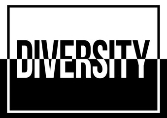 A black and white color split text poster illustration about racial, gender and any other type of diversity