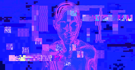 Glitched screen with human silhouette hidden in pixels. Conceptual illustration for Artificial intelligence, Cyber Security and Informational technologies.