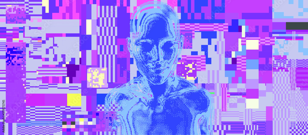 Poster glitched screen with human silhouette hidden in pixels. conceptual illustration for artificial intel