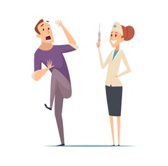 Vaccination time. Man scared syringe, nurse and patient. Flu or virus prevention vector illustration. Vaccine medical in syringe for health patient