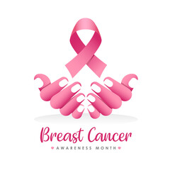 breast cancer awareness month banner with abstract pink hand holding ping ribbon sign vector design