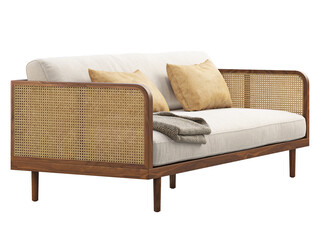 Mid-century wooden sofa with wicker cane base. 3d render.
