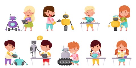 Little Children Engineering and Creating Robots Vector Illustrations Set