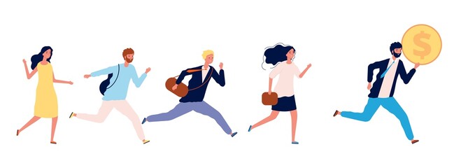 Fototapeta na wymiar People running to money. Successful businessman with coin, business leader run first. Man woman need job, employee competition or human greed vector. Businessman run for money and profit illustration