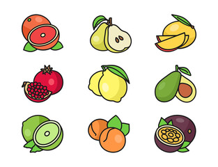 Fruits, set of fruits, food, Grapefruit, Peach, Pear, Passion fruit, Avocado, Lemon, Lime, Pomelo, Garnet, Vector, isolated on white
