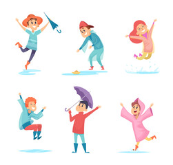 Happy rainy kids. Water season characters playing in wet environment jumping in puddles vector children. Kid wet under rain, funny walk rainfall in rubber boots illustration