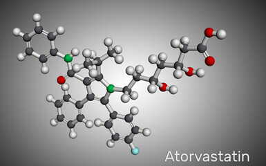Atorvastatin, statin molecule. It is used for lowering blood cholesterol and for preventing cardiovascular diseases. Molecular model